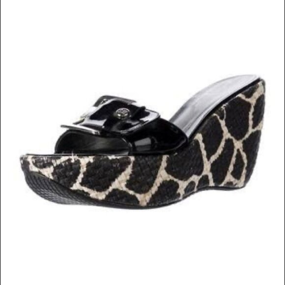 Stuart Weitzman Clipper Giraffe print platform wedge slides black leather size X - Picture 1 of 12